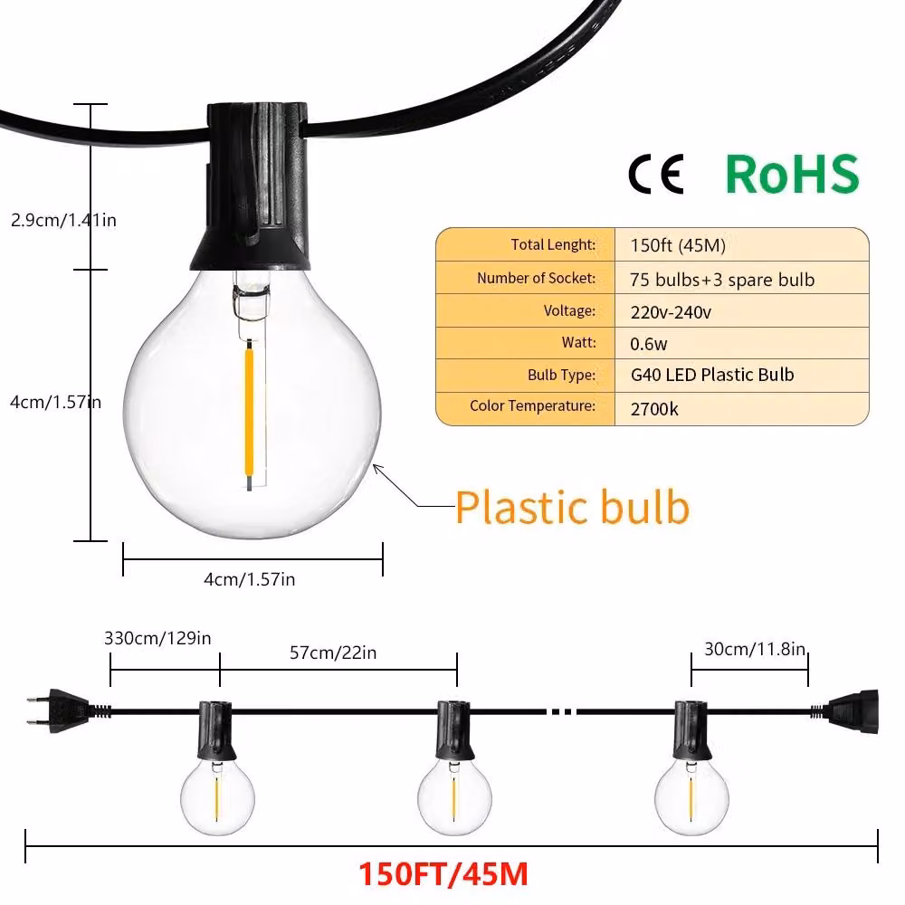 Catena luminosa a LED - Catena di lampadine G40 - 45 metri - Lampadine in stile vintage - Impermeabile - Per uso esterno - Spina europea - 220 V