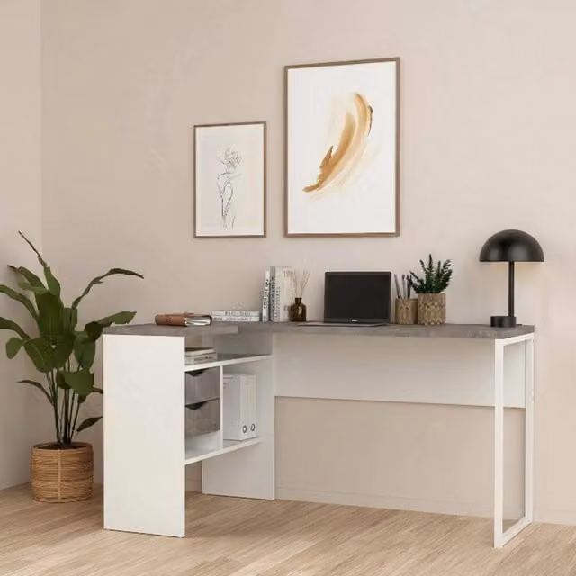 Scrivania Moire DMORA, Scrittoio moderno per ufficio e computer, Bianco e Grigio, L: 145 cm, P: 81 cm, H: 77 cm