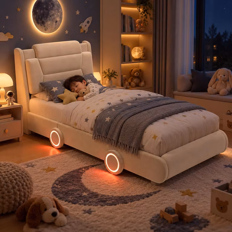 Letto imbottito per bambini, 90 x 200 cm, con luci a LED, poggiatesta regolabile in altezza (doppio livello) e rivestimento in flanella, color beige, ideale per la cameretta dei bambini