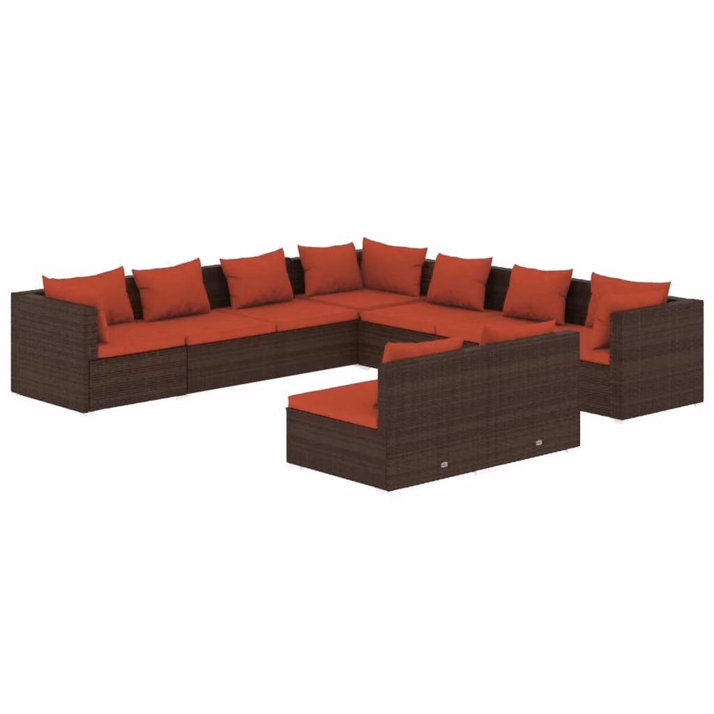 Set Divani da Giardino 9 pz con Cuscini in Polyrattan Marrone