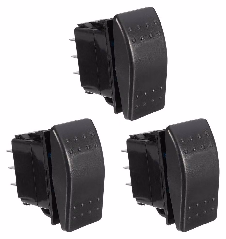 Interruttore momentaneo a levetta, con posizione centrale di ritorno, tipo DPDT, 6 poli, 12V/20A, 24V/10A, grado di protezione IP65
