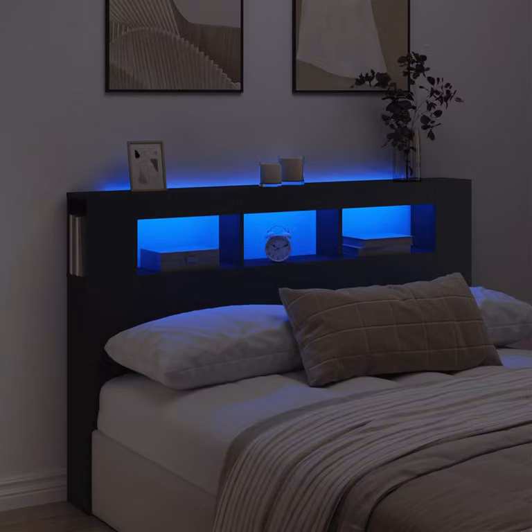 Testiera con LED vidaXL Nera in Legno Multistrato con Ripiano Integrato e Porte USB L: 160 cm, P: 18,5 cm, H: 103,5 cm