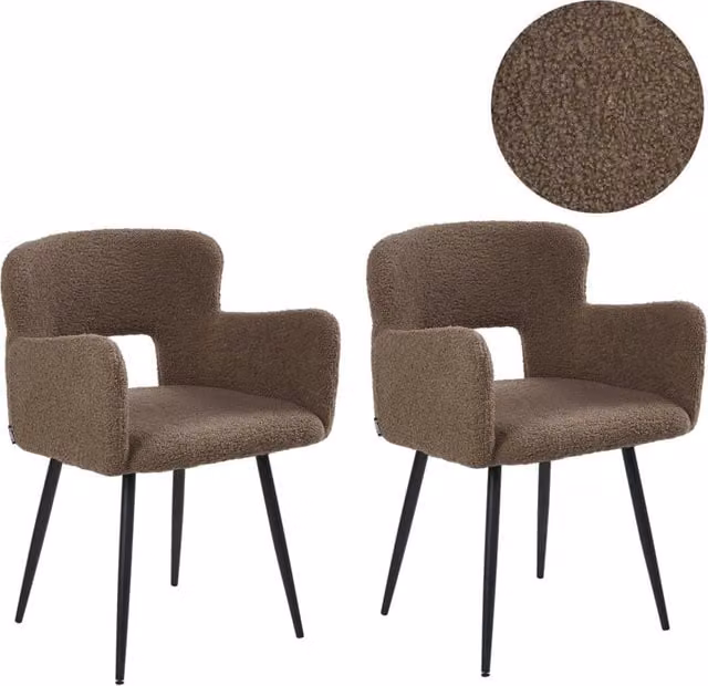 Set di 2 sedie da pranzo BELIANI in tessuto Teddy Bouclé marrone con braccioli e gambe in metallo nero – 1