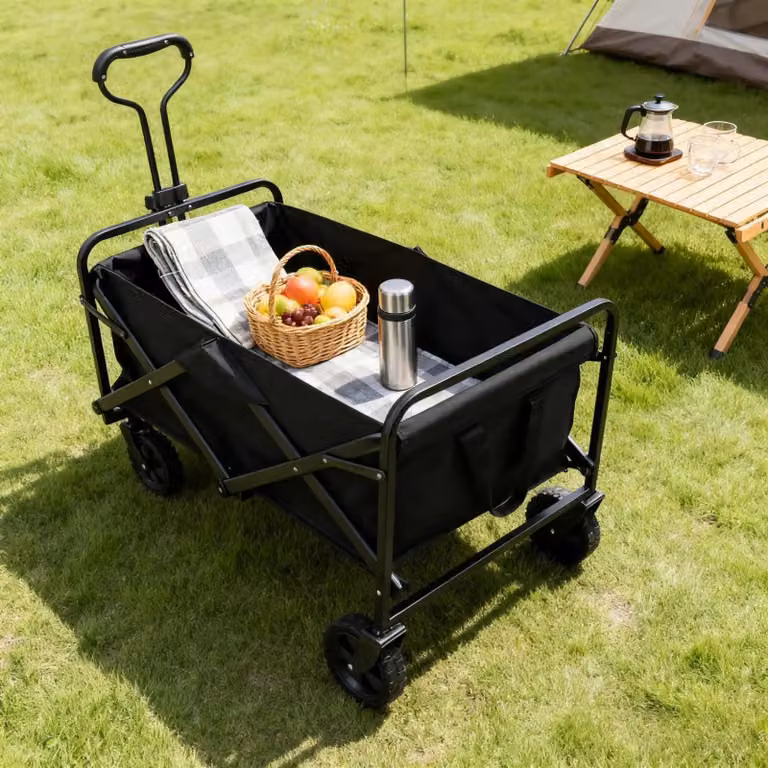Carrello pieghevole - Carrello trasporta-oggetti, carrello da spiaggia - Ruote in gomma da 12,7 cm - Piccolo - Ideale per campeggio e attività all'aperto - Colore: nero