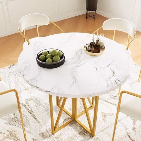 Tavolo da pranzo rotondo – Piano del tavolo rotondo – Piano per sala da pranzo – Piano per tavolo da cucina – Tavolo rotondo – Pannello MDF con effetto marmo – Gambe in metallo dorato – 80x80x76 cm – per 4-6 persone