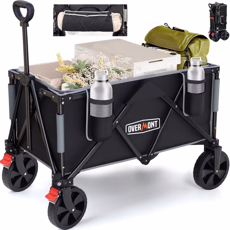 Carrello pieghevole multiuso con freno, ruote adatte a tutti i terreni, ampia capacità di 150 litri con tasche laterali, portabicchieri, maniglia regolabile, portata fino a 150 kg