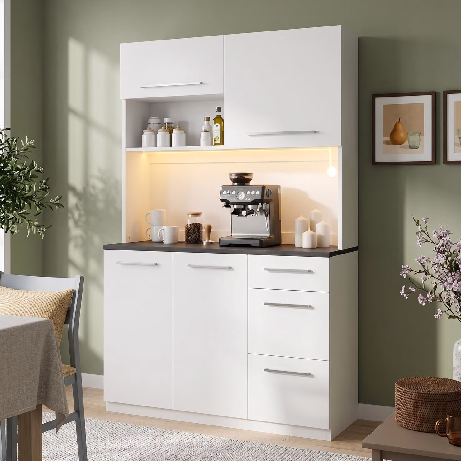 Armadio alto Flieks con scomparti multistrato, presa di corrente integrata e porte USB, mobiletto da cucina 120×40×180 cm, credenza, colore bianco