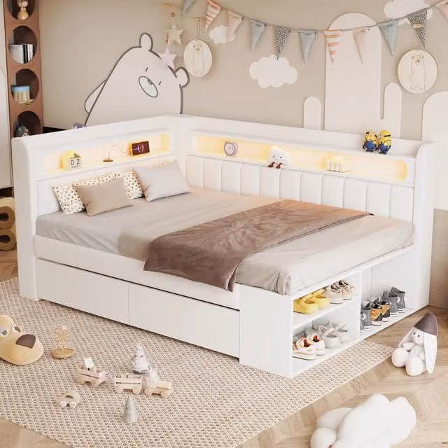 Letto imbottito 90x200 cm con USB; LED e scarpiera in MDF; bianco