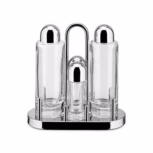 Alessi 5070 - Set Portacondimenti per Olio, Aceto, Sale e Pepe in Acciaio Inox 18/10 e Vetro Cristallino
