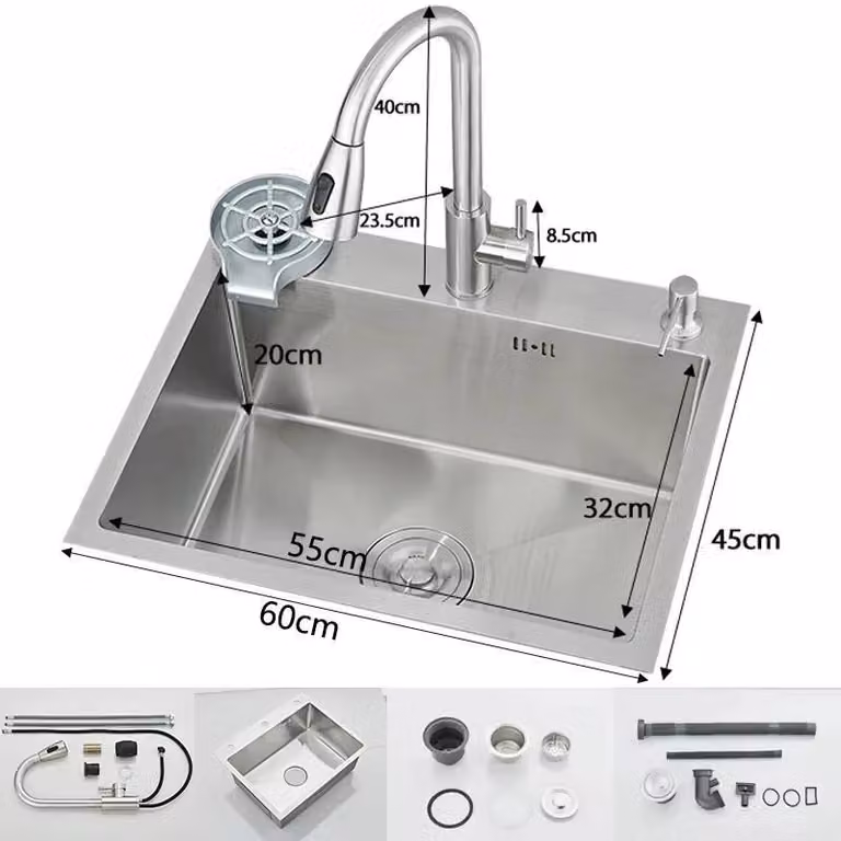 Lavello da cucina in acciaio inossidabile 304 - Vasca singola 60x45 cm - Design "a mensola" / stile rustico - Finitura spazzolata - Con miscelatore - Nichel