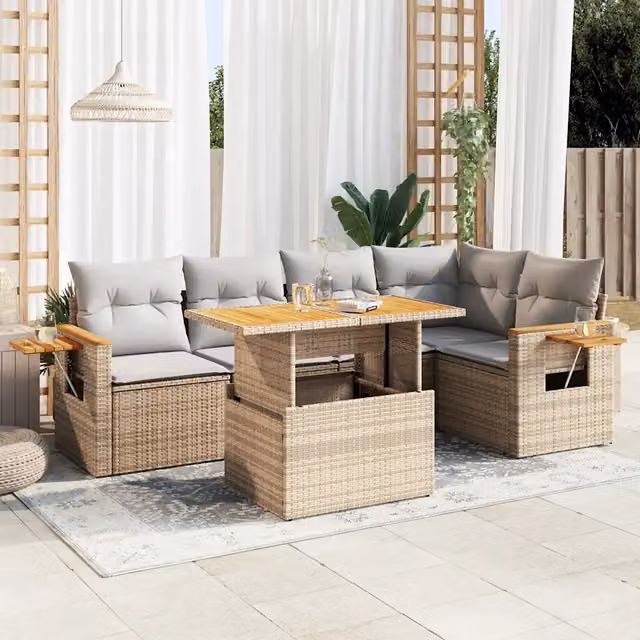 Set Divano da Giardino 6 pz con Cuscini Beige Polyrattan Acacia 3327601