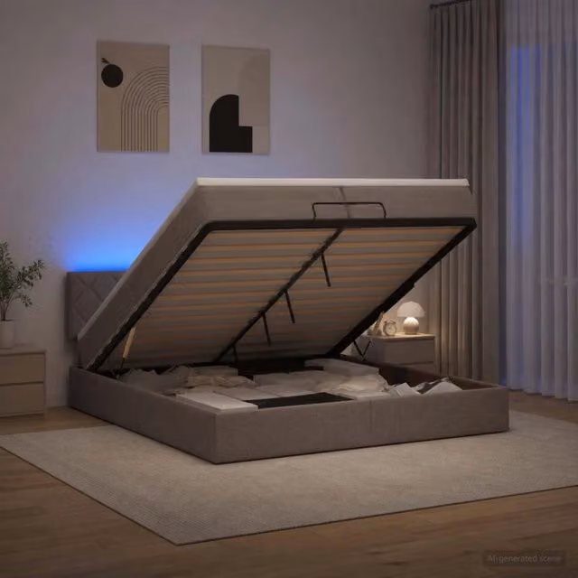 Letto Ottomano con Materasso Ibrido e Illuminazione LED vidaXL, Colore Beige/Grigio, L/P/H: 200 x 200 x 88 cm
