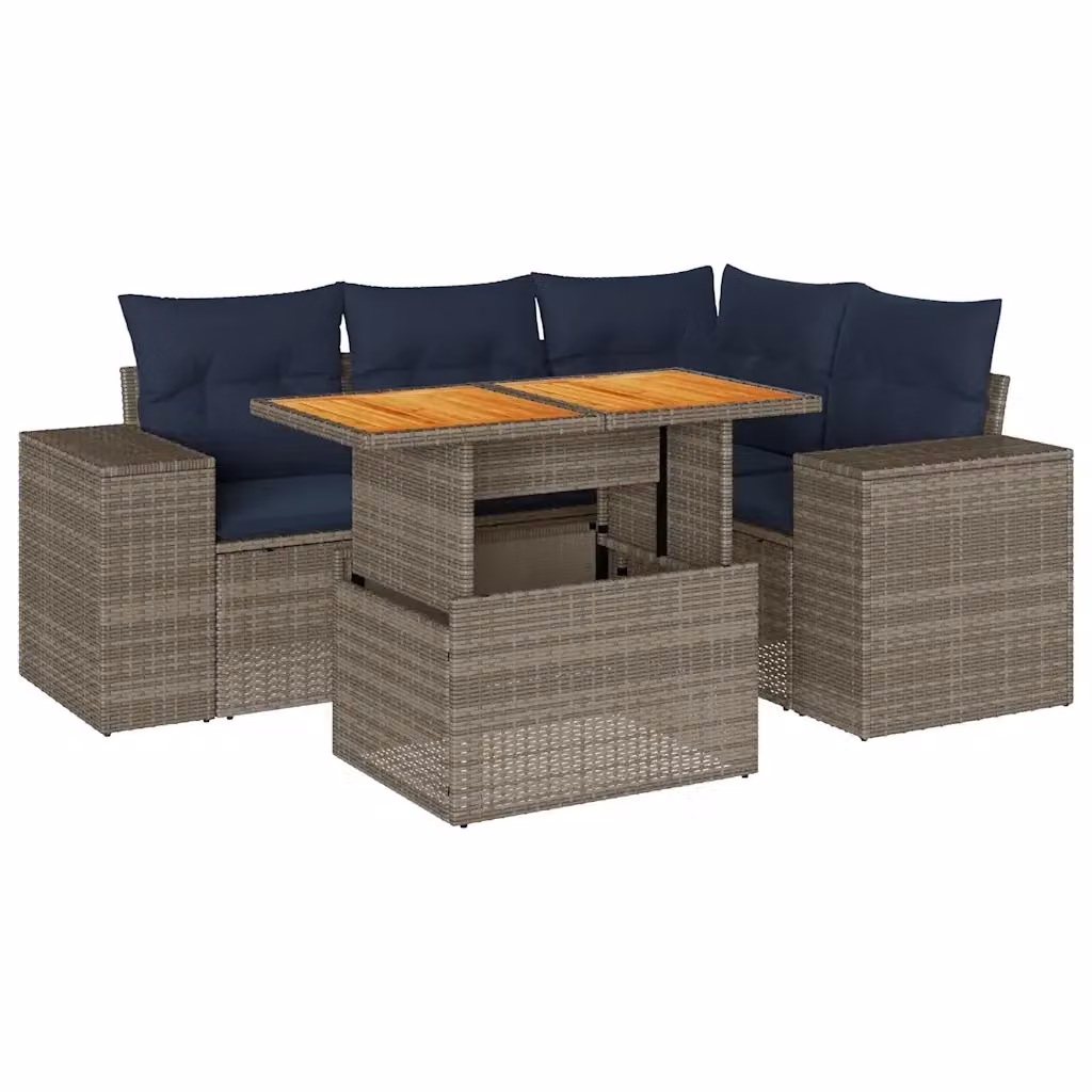 Set Divano da Giardino a L vidaXL in Polyrattan con Cuscini e Tavolino, Grigio e Blu – 2