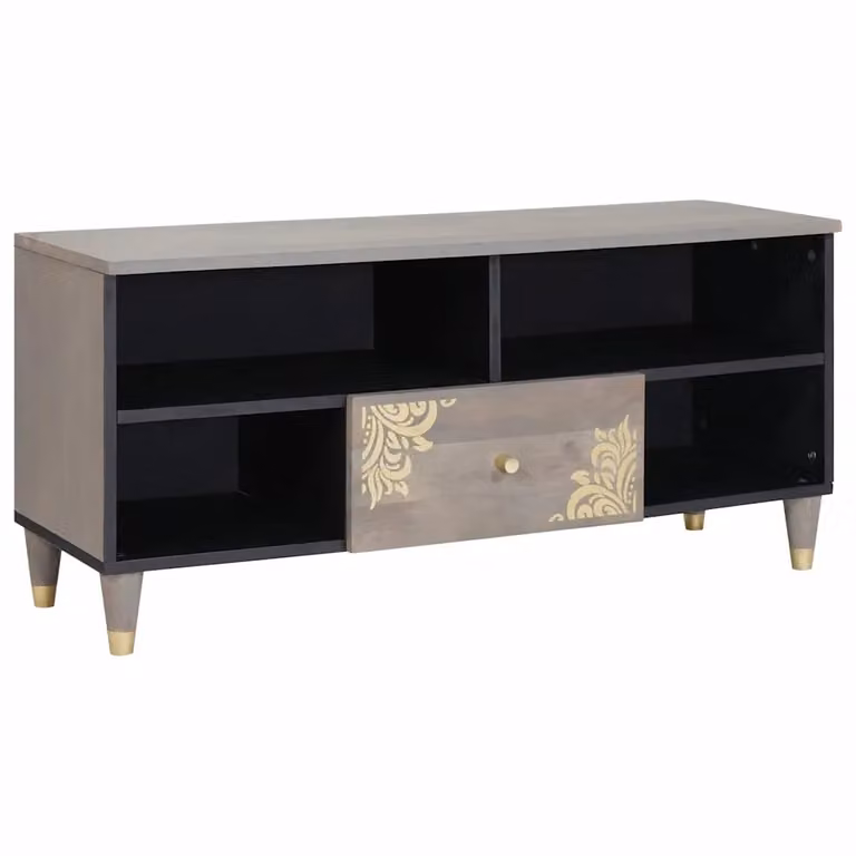 Mobile TV moderno vidaXL in legno di mango massello, Grigio e Oro, L 100 x P 33 x H 46 cm