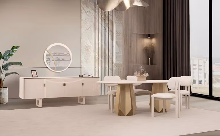 Luxuriöses Esszimmer-Set – Esstisch, Stühle, Holzsideboard & Spiegel