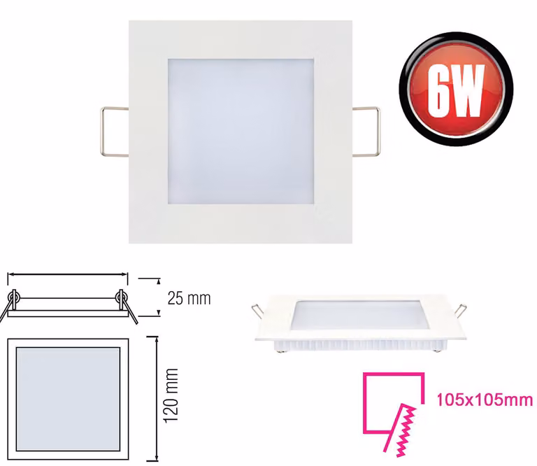 6W LED slim da incasso Plafoniera da incasso spot slim pannello angolare 12x12 cm bianco freddo