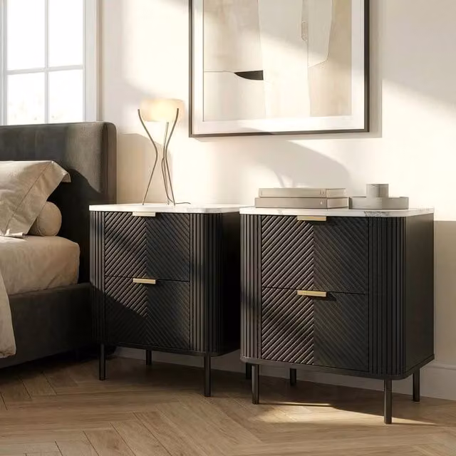 Set di 2 Comodini Olvehok con 2 Cassetti 55 x 52 x 38 cm - Nero / Effetto Marmo Bianco [en.casa]