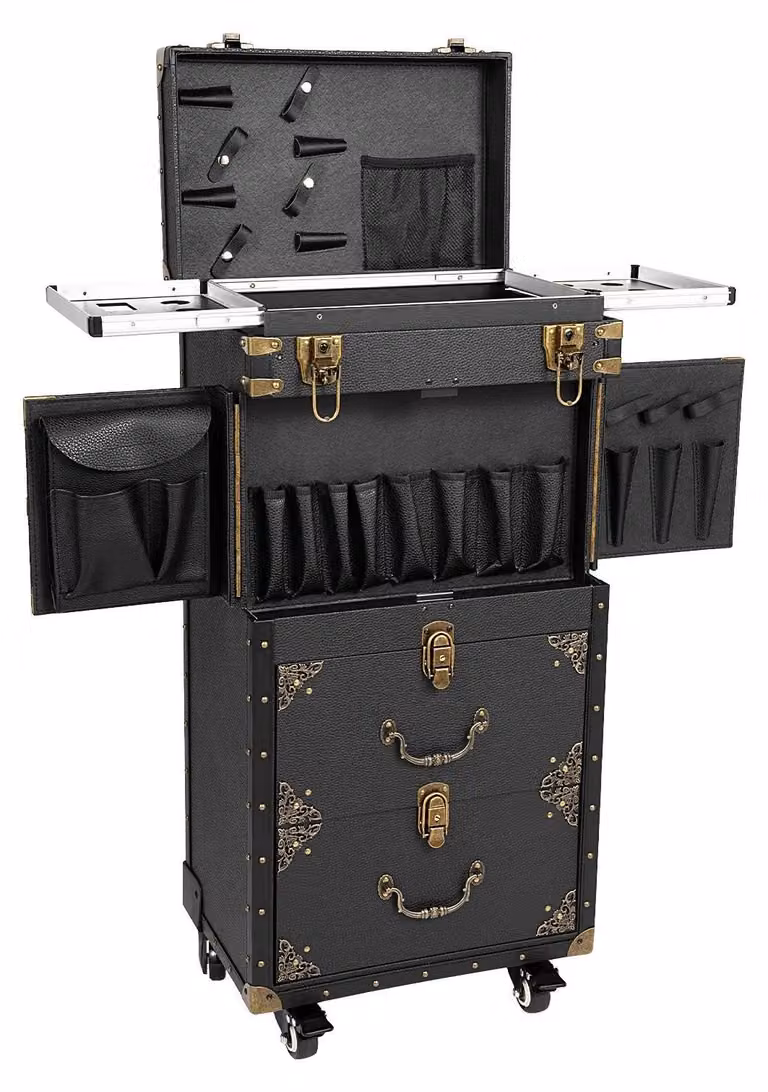 Carrello per parrucchiere - Carrello a 3 ripiani - Con cassetto e serratura - Ampio spazio di stoccaggio per strumenti e prodotti coloranti - Postazione di lavoro mobile - Nero