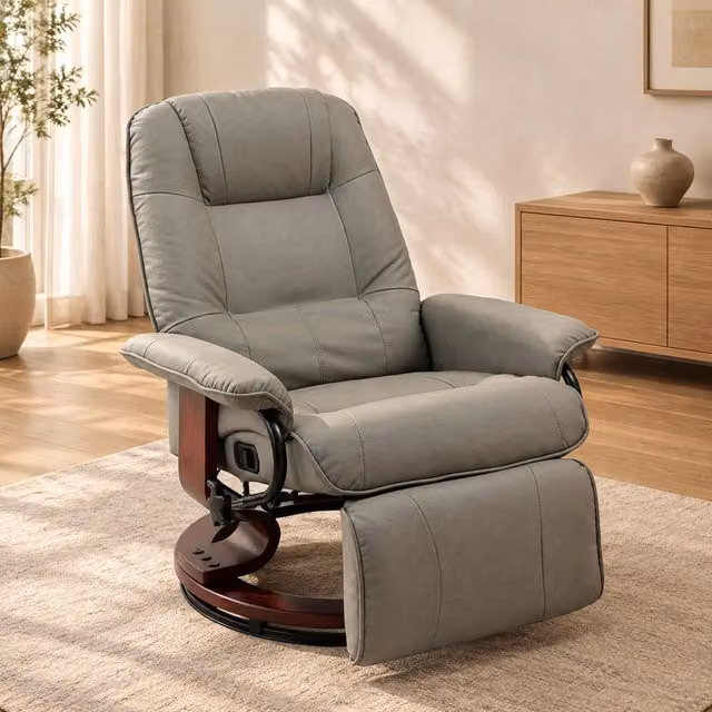 Poltrona relax girevole in ecopelle grigia con schienale regolabile a 145° e poggiapiedi manuale 78x87x100 cm