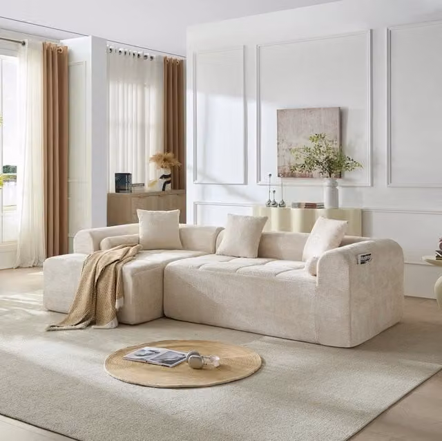 Divano in ciniglia beige con tasca laterale per riviste