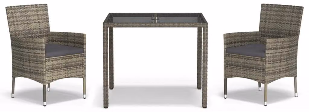 Set da giardino 3 pezzi in rattan sintetico grigio - Tavolo da 90 cm - Set da salotto resistente agli agenti atmosferici - Con cuscini