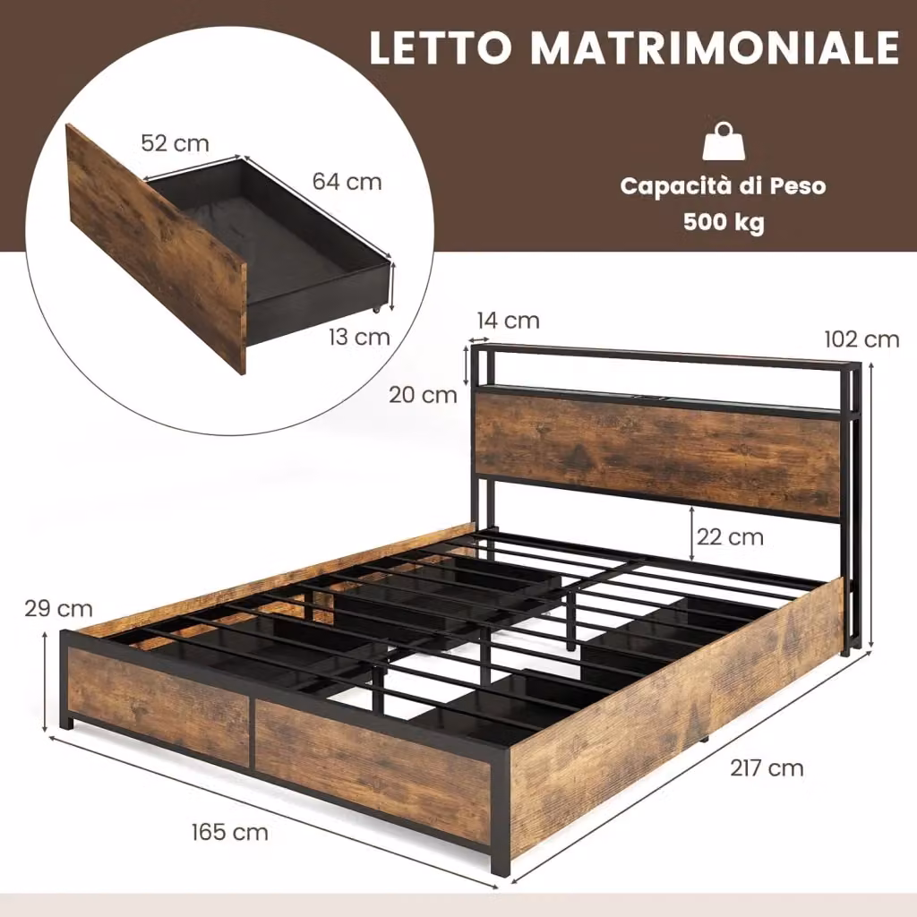 Costway Letto King Size Marrone con 4 Cassetti, Luci LED Sotto il Letto, Porta USB e Ripiano Integrato, L/P: 160 x 200 cm – 2