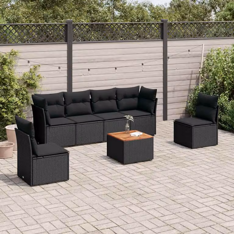 vidaXL Set Divani da Giardino a L con Cuscini 7pz in Polyrattan Nero