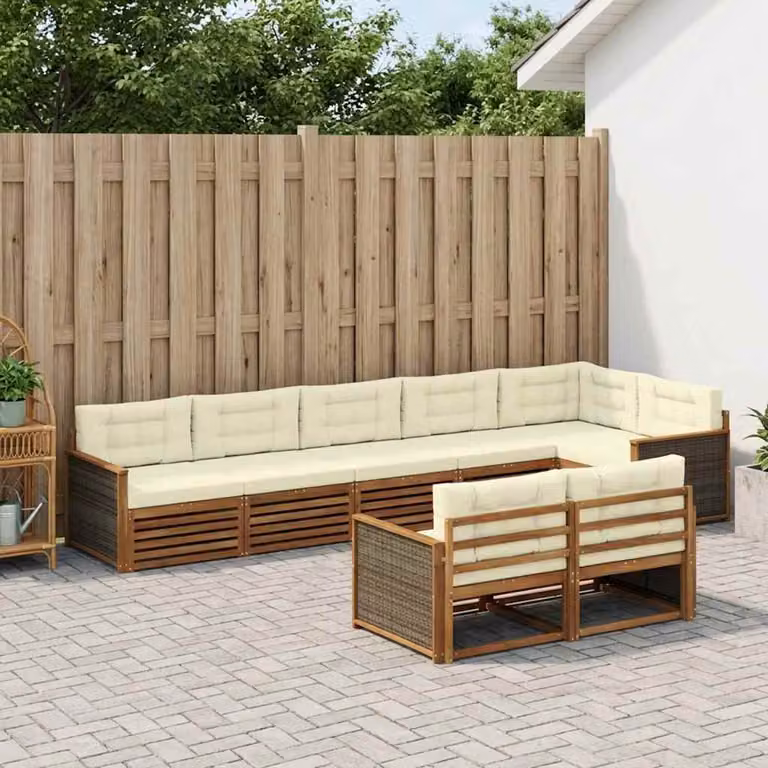 vidaXL Set di divani da esterno a L in legno di acacia con cuscini, 8 pezzi, Beige e Marrone