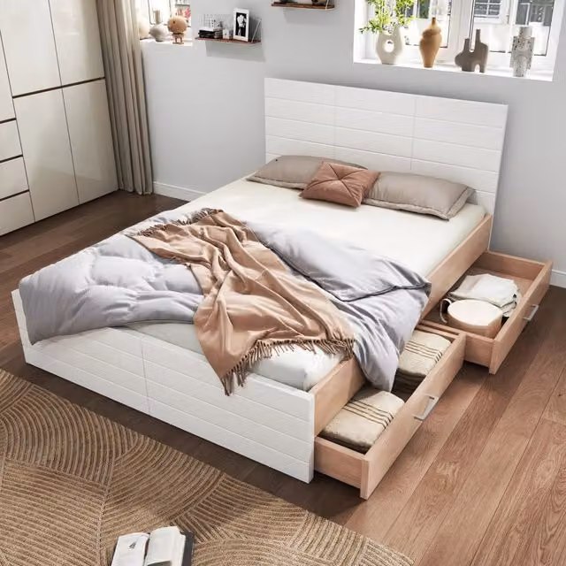 Letto matrimoniale OKWISH con 2 cassetti in legno e MDF, colore bianco rovere e beige, L/P/H: 160 x 200 x 76 cm