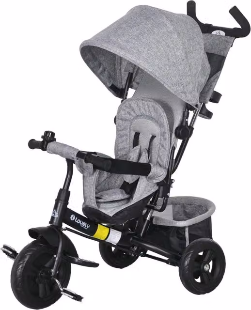 Triciclo 6-in-1 Grigio per Bambini 1-5 Anni con Maniglia Spinta, Tetto Parasole Rimovibile, Cuscino, Cintura 5 Punti, Cesto e Portabicchieri