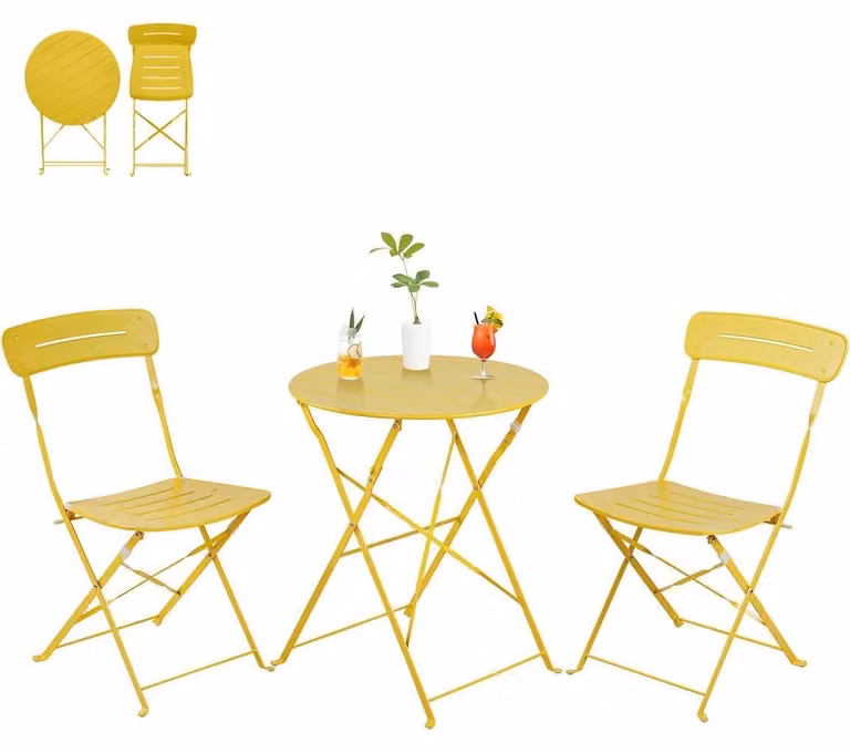 Set da bistrot composto da 3 elementi: 2 sedie e un tavolo, resistente alle intemperie, pieghevole, di colore giallo