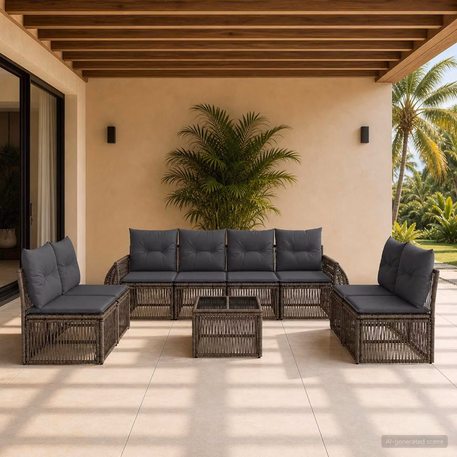 Set Divano da Giardino vidaXL 9 pz in Polyrattan Grigio e Antracite con Tavolino e Cuscini Imbottiti