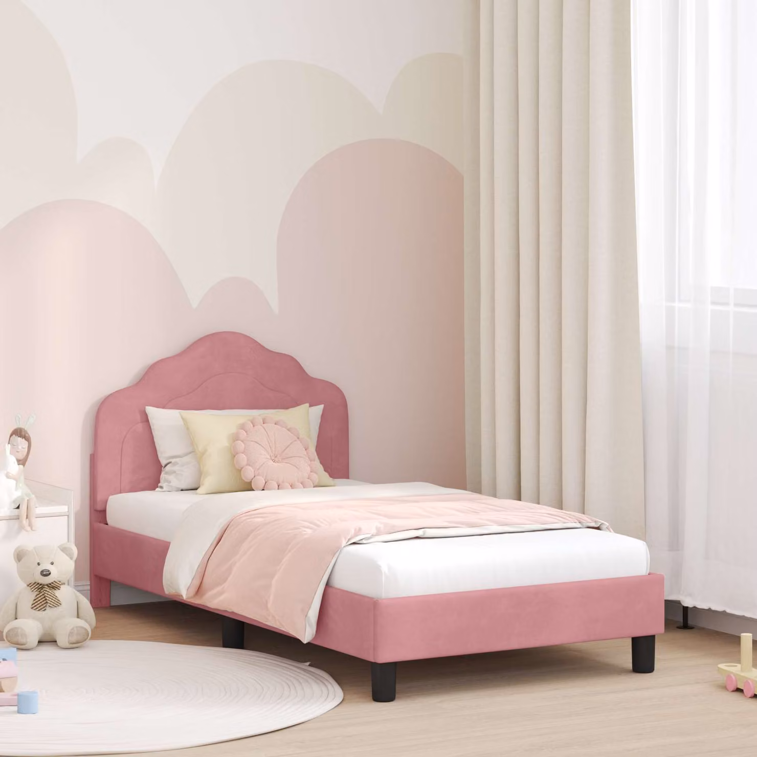 Struttura letto per bambini vidaXL in velluto rosa con testata, L/P/H: 160 x 80 x 84 cm