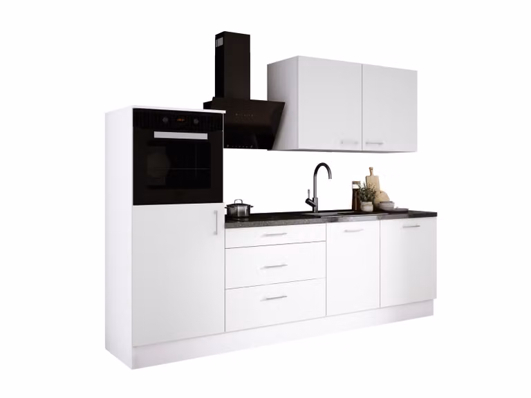 Set da cucina: tre cassetti, cinque ante, otto ripiani, bianco opaco