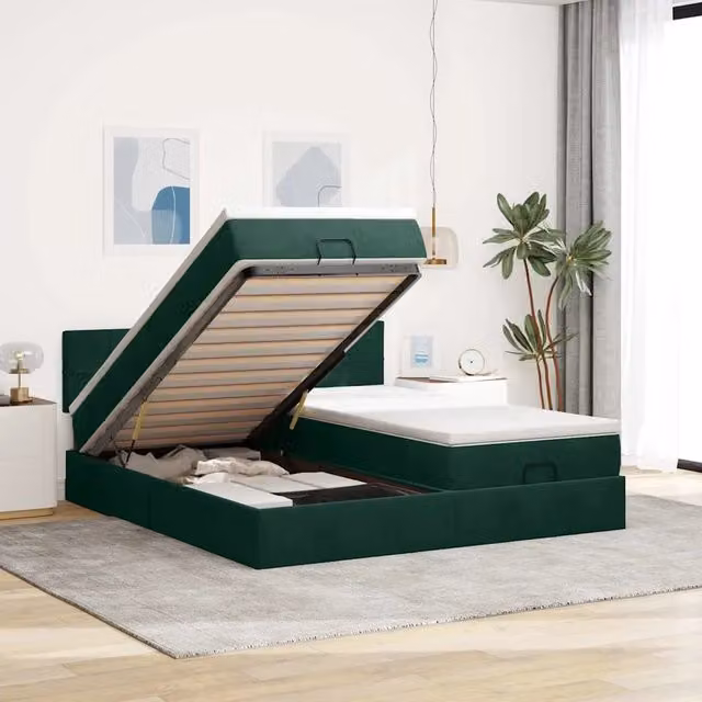 Letto con contenitore a sollevamento vidaXL in velluto verde e bianco con materasso L/P: 180 x 200 cm
