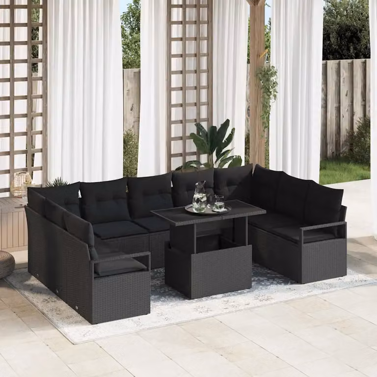 Set Divano da Giardino vidaXL in Polyrattan Nero con Cuscini per 9-10 Persone