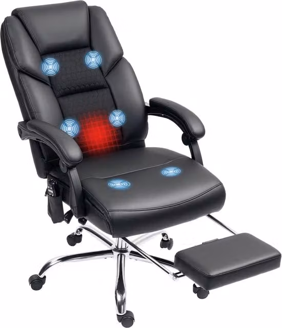 Sedia da Ufficio Executive Giordanoshop con Massaggio, Riscaldamento e Poggiapiedi in Pelle PU Nero L/P/H: 121 x 64 x 64 cm