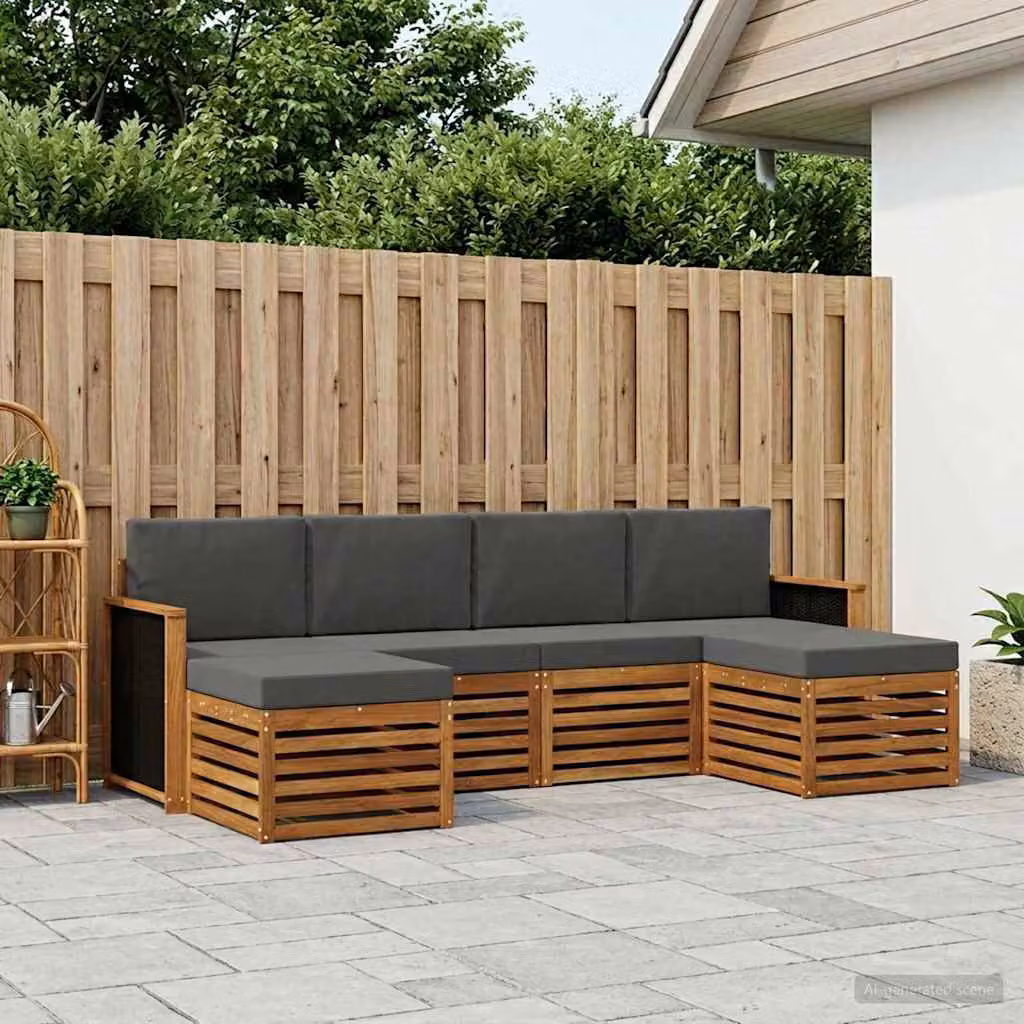 Set di divani da esterno vidaXL a forma di L in legno di acacia con cuscini, marrone e grigio