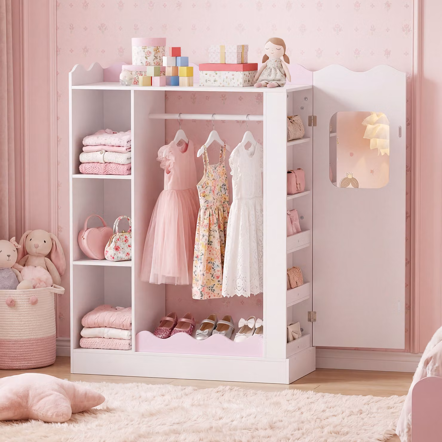 Armadio per bambini Costway bianco con specchi in acrilico infrangibili, organizzatore moderno con asta appendiabiti e ripiani aperti in MDF