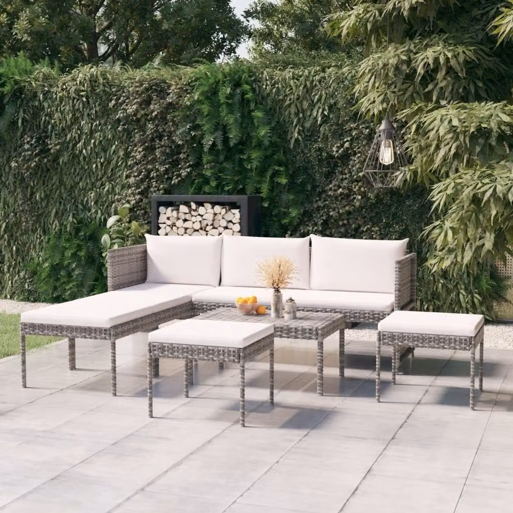 The Living Store Set da giardino da 6 pezzi con cuscini in poly rattan grigio