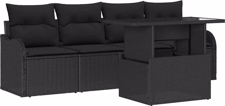 Set Divano da Giardino con cuscino 5 pcs Nero Poly Rattan