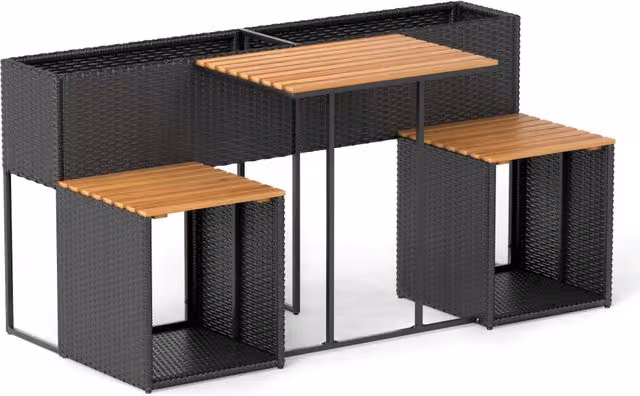 Set di mobili da patio con letto da giardino rialzato in legno di acacia, Tavolo e sedie in rattan PE con spazio di stoccaggio per veranda