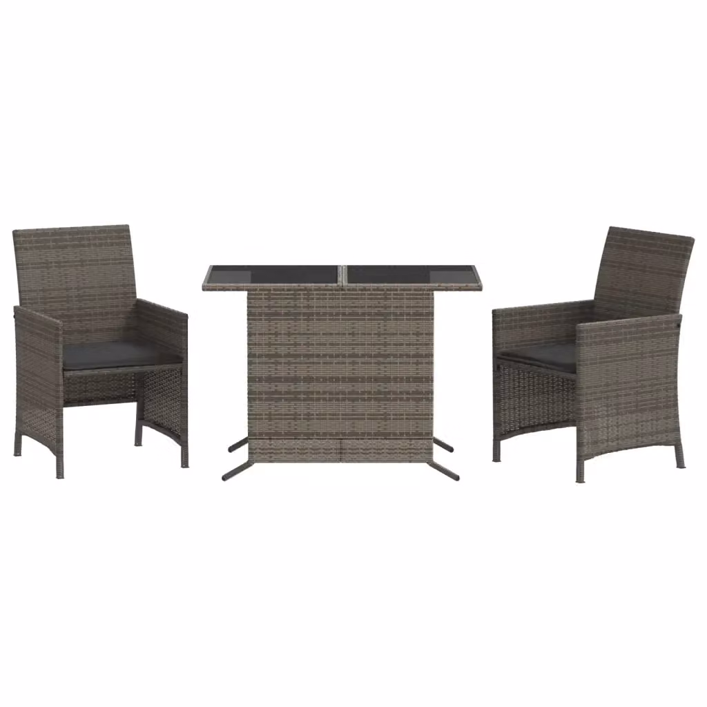 Set da Bistrò vidaXL in Polyrattan Grigio con Piano in Vetro e 3 Sedie con Cuscini – 2