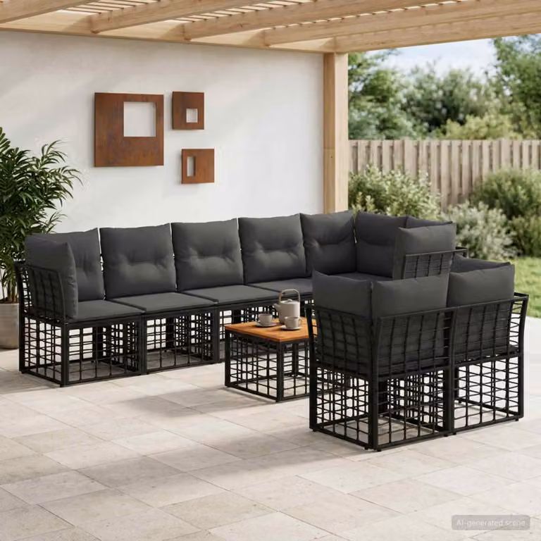 vidaXL Set di divani da esterno a forma di U composto da 9 pezzi con tavolino, colore antracite, nero e grigio