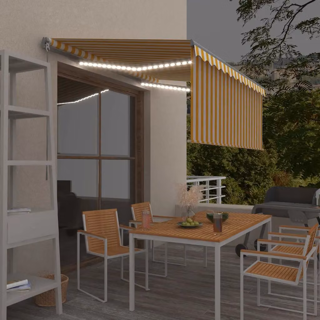 vidaXL Tenda Sole Retrattile Manuale con LED, L: 300 cm, P: 250 cm, Colore Giallo e Bianco