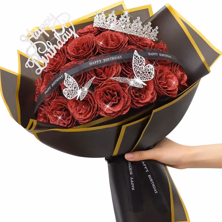 Fiori artificiali a forma di rosa - 24 pezzi con stelo - Rose glitterate - Bouquet di fiori artificiali - Ideali per matrimoni