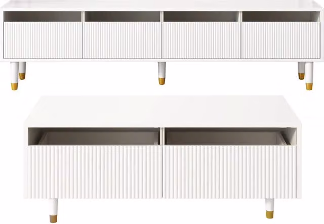 Set mobili moderni LED con mobile TV a quattro ante e tavolino con due cassetti, MDF bianco con dettagli oro e struttura a onde