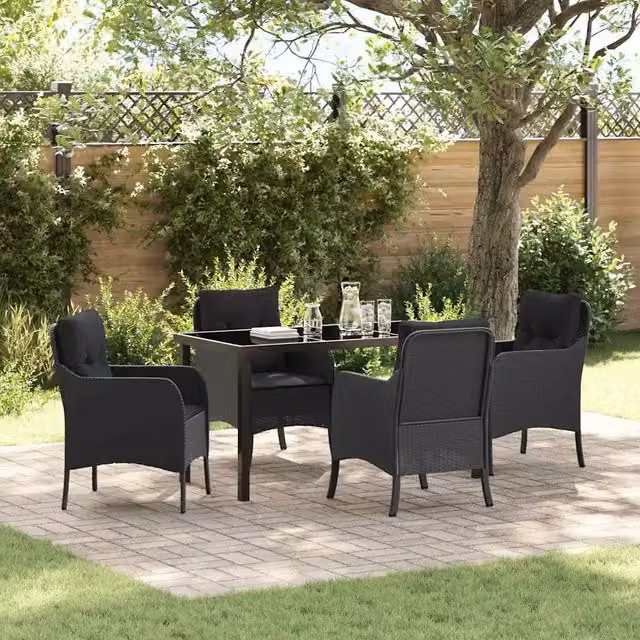 Set da Pranzo per Giardino 5 pz Nero polyrattan 3380150