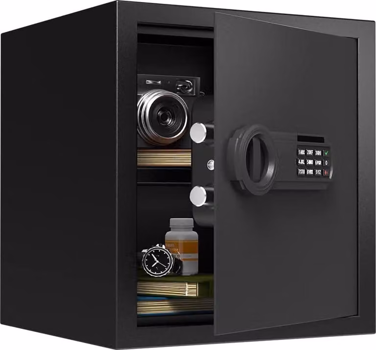 Cassaforte elettronica - Cassaforte integrabile nei mobili - 34 litri - Chiusura con bulloni in acciaio - Adatta per montaggio a muro o a pavimento - Colore nero