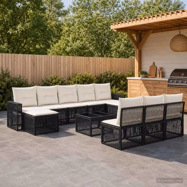 Set Divano da Giardino Moderno vidaXL 11 Pezzi Nero e Bianco con Cuscini e Tavolino da Caffè in Polyrattan e Acciaio
